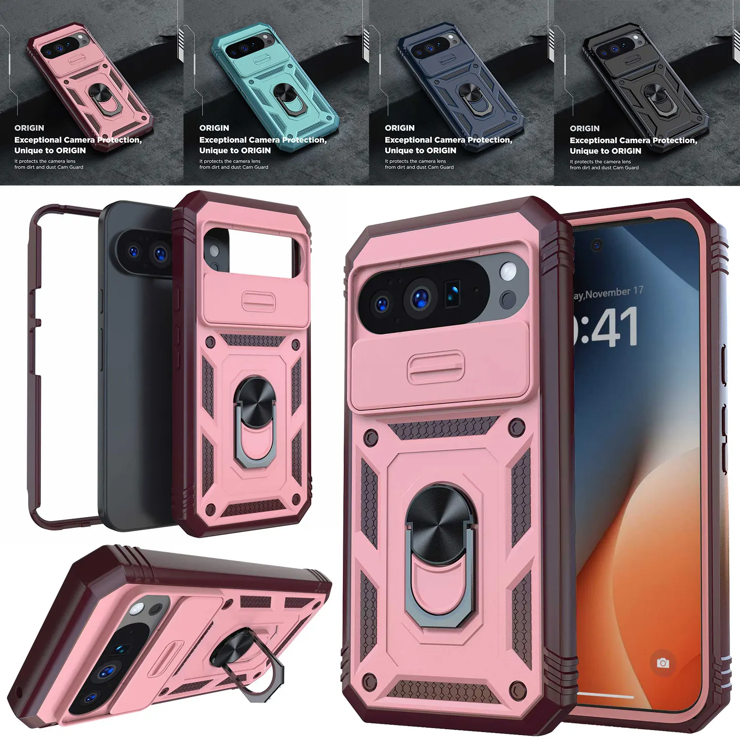 

For Google Pixel 9/9 Pro/9 Pro XL, Pixel 10/10 Pro/10 Pro XL Camera Lens Slide Case Shockproof Magnetic Cover +Ring Stand Holder