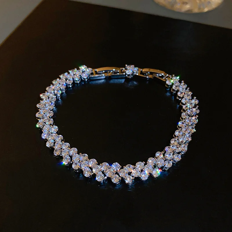 

High Quality Elegant Flower Shape Shiny Cubic Zircon Chain Bangle Bracelet for Women Fashion Jewelry Accessories Gifts 1728