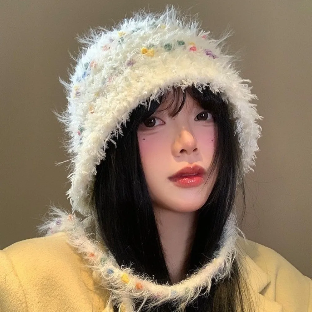 

New Colored Beans Furry Knitted Hat Big Head Round Keep Warm Winter Cap Lace-up Windproof Ear Protector Hat