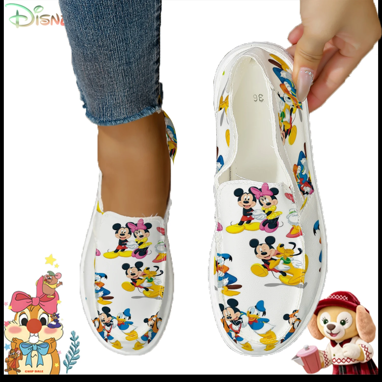 

Comfortable White Disney Classic Characters Slip-On Shoes, Cartoon Print Casual Sneakers for Daily Use