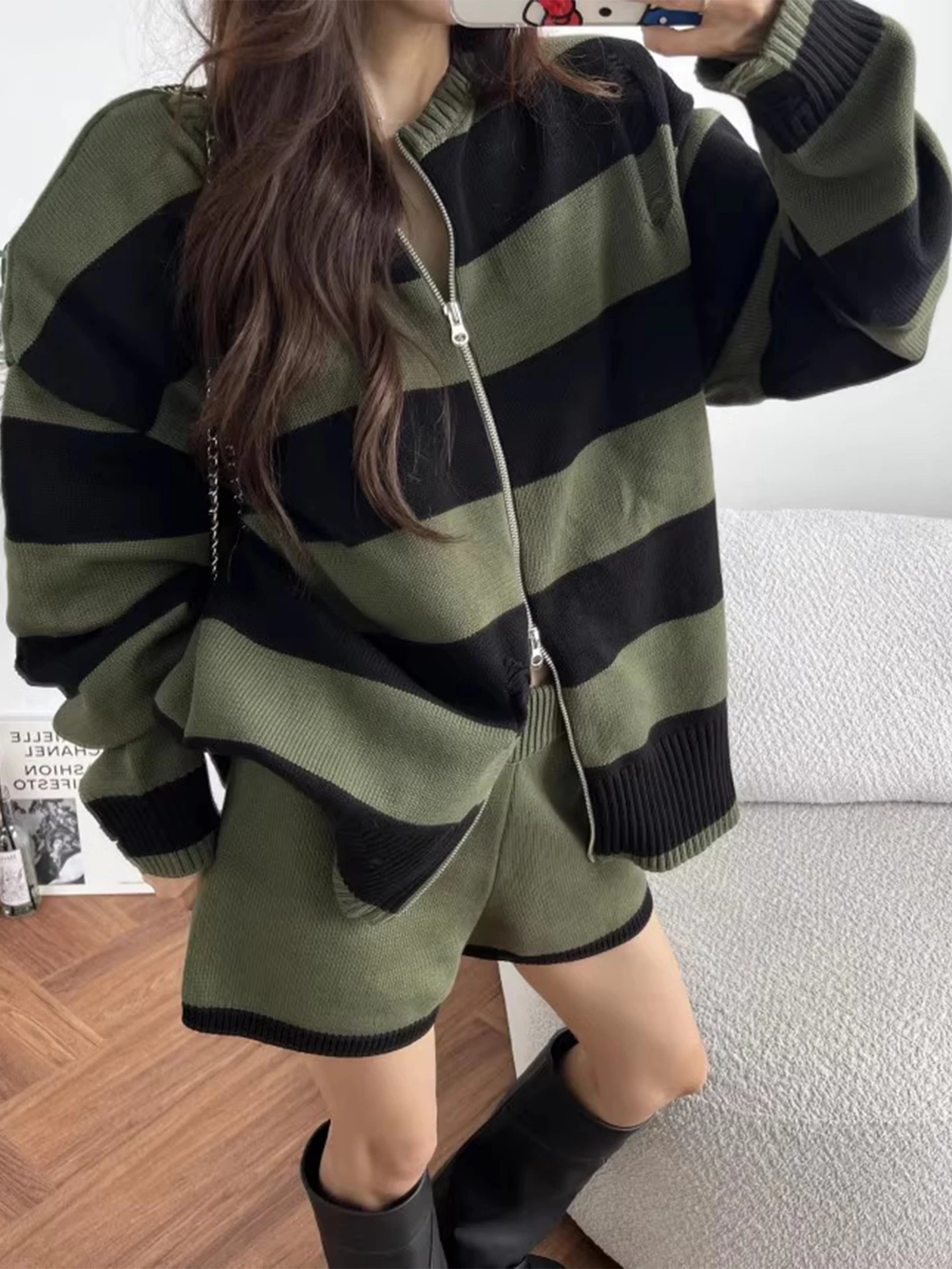 أنيقة الخريف عالية الخصر التباين اللون شريط تريكو المرأة مزدوجة سستة ثقب تصميم Faion مجموعة مع السراويل ort #5