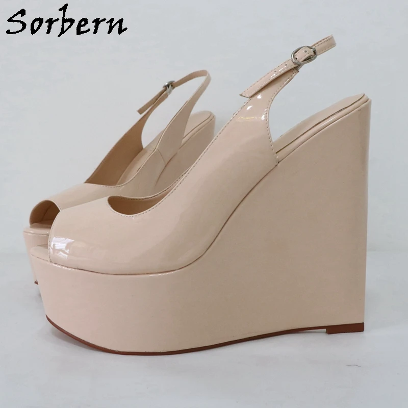 Sorbern Nude Glossy Women Slingback Summer Shoes Peep Toe Wedge High Heel Narrow Heeled Back Sexy Female Sandals Custom Color