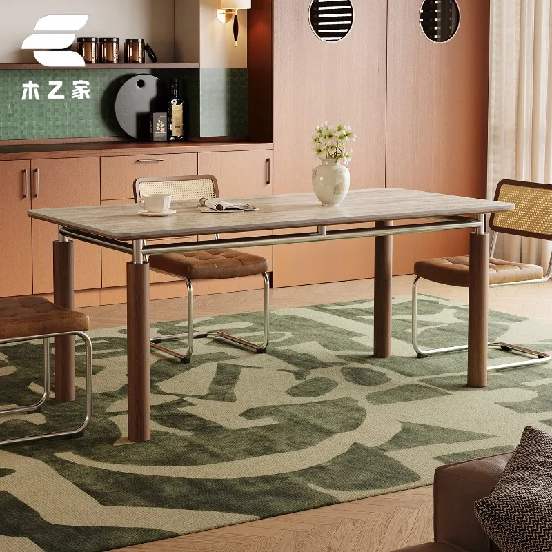LTT travertine rock slab dining table restaurant household dining table medium antique rectangular solid wood dining table