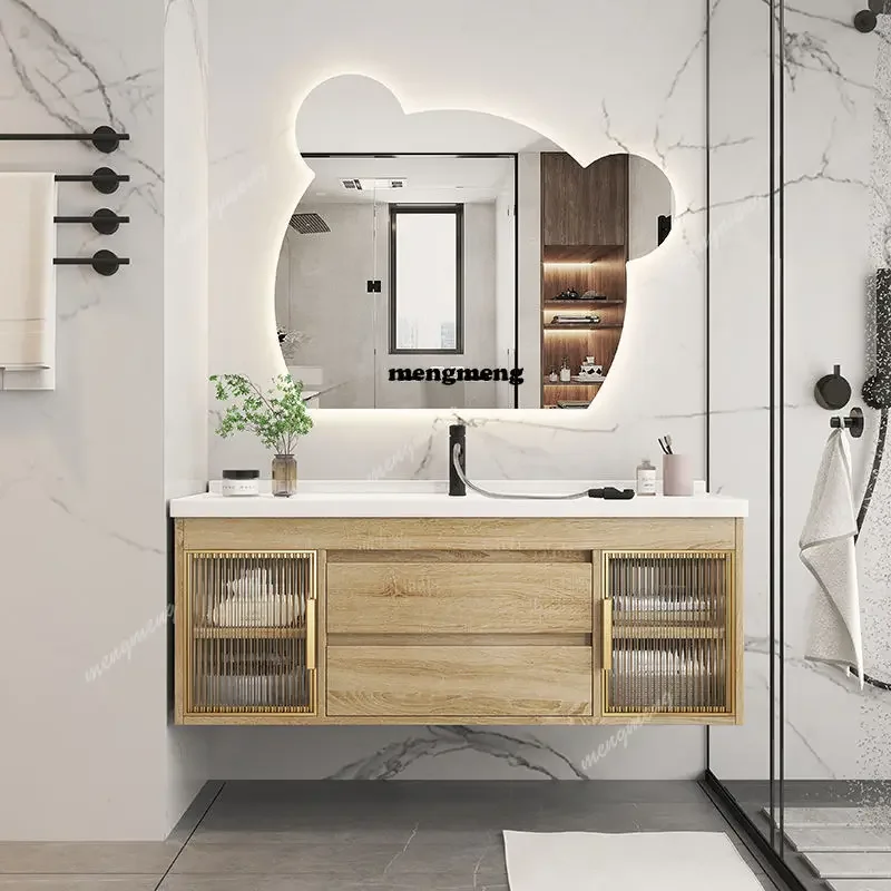 New design Luxury Bathroom Cabinet Integrated Ceramic Combo Basin Solid Wood Smart Bear Mirror Hand Wash Basin  Drawers