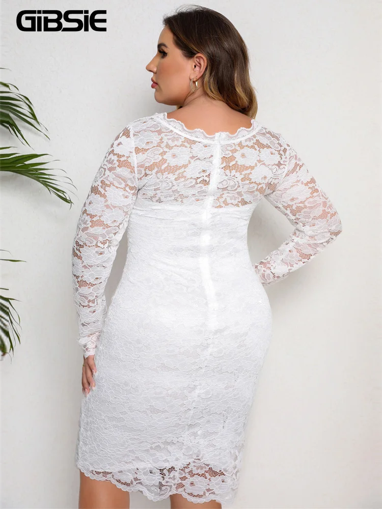 GIBSIE-Robe de soirée en dentelle blanche, grande taille, manches longues, fermeture éclair, sexy, mi-longue, printemps été 2024