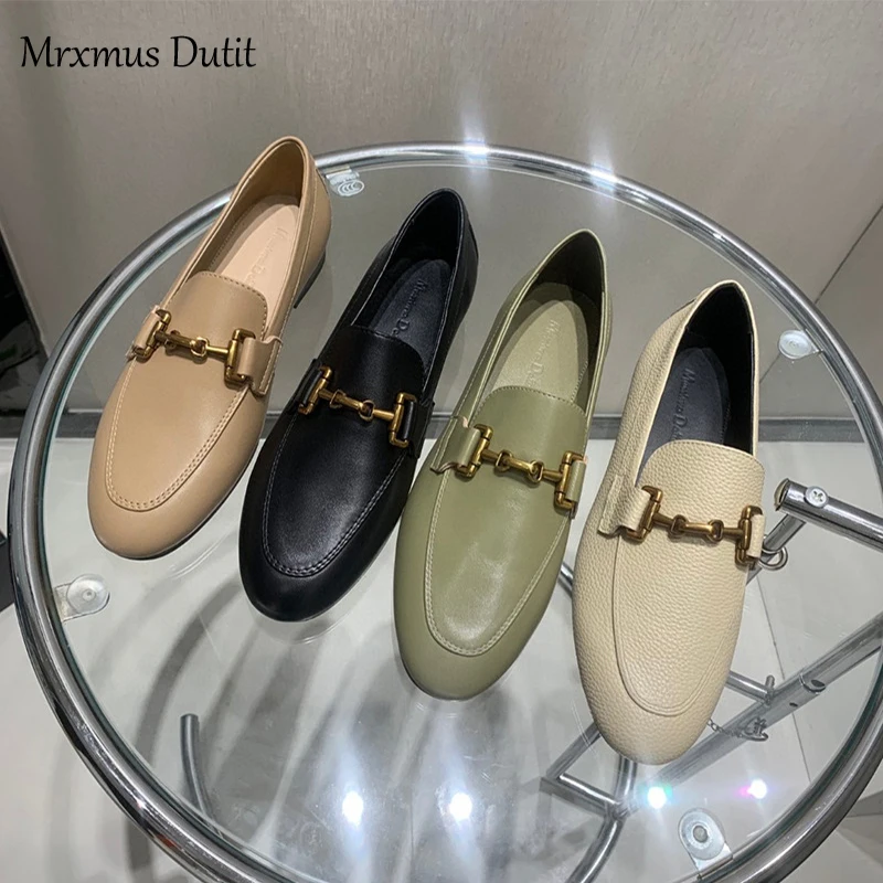 Mrxmus Dutit 2024 Spring Fashion Women New Genuine Leather Flats Shoes Metal Buckle Decoration Casual Simple Loafers Female Chic