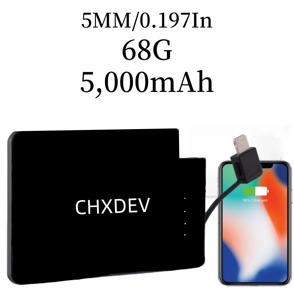 CHXDEV Ultra Slim Power Bank Portable Charger Built In Lightning Or USB-C Cable 5000 MAh Small Slim PowerBanks For IPhone XIAOMI