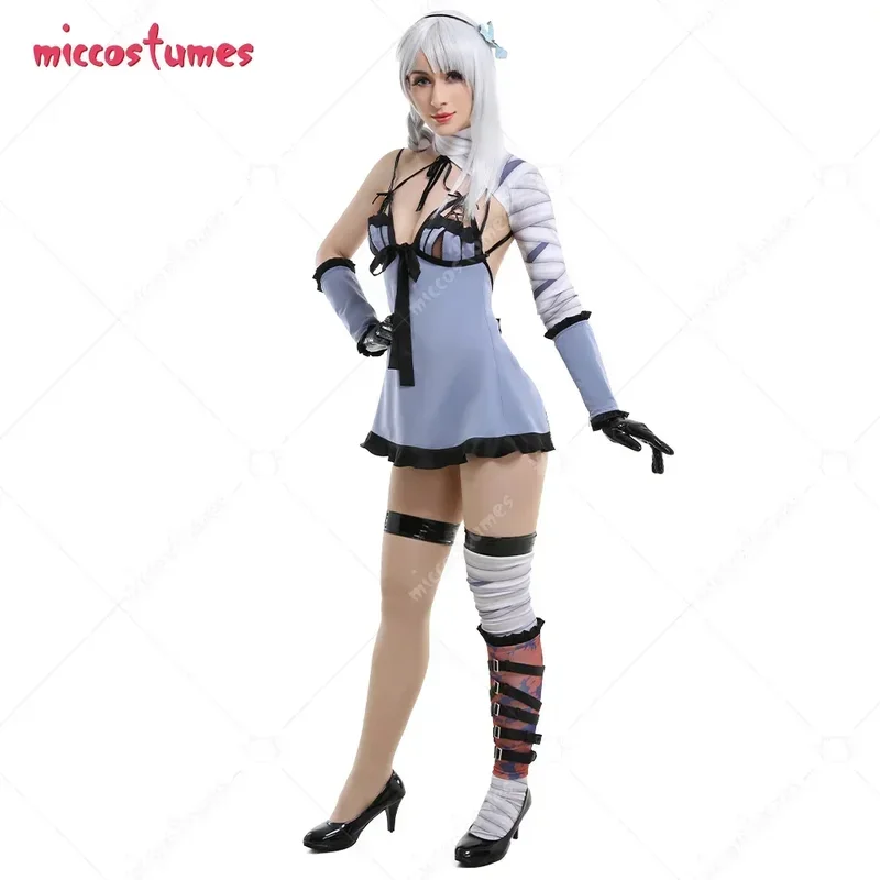 Miccostumes Sexy Bow-Strapped Lingerie Sleepwear Suspender Light Blue Dress Full Set Cosplay Costume with Leggings