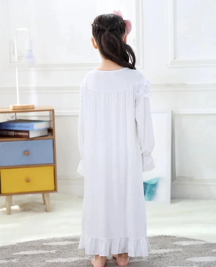 Girls Long Sleeve Nightgown Kids Pajamas White Pink Sleepwear 2024 Spring Fall 2-10-Years Children\'s Long Nightdress