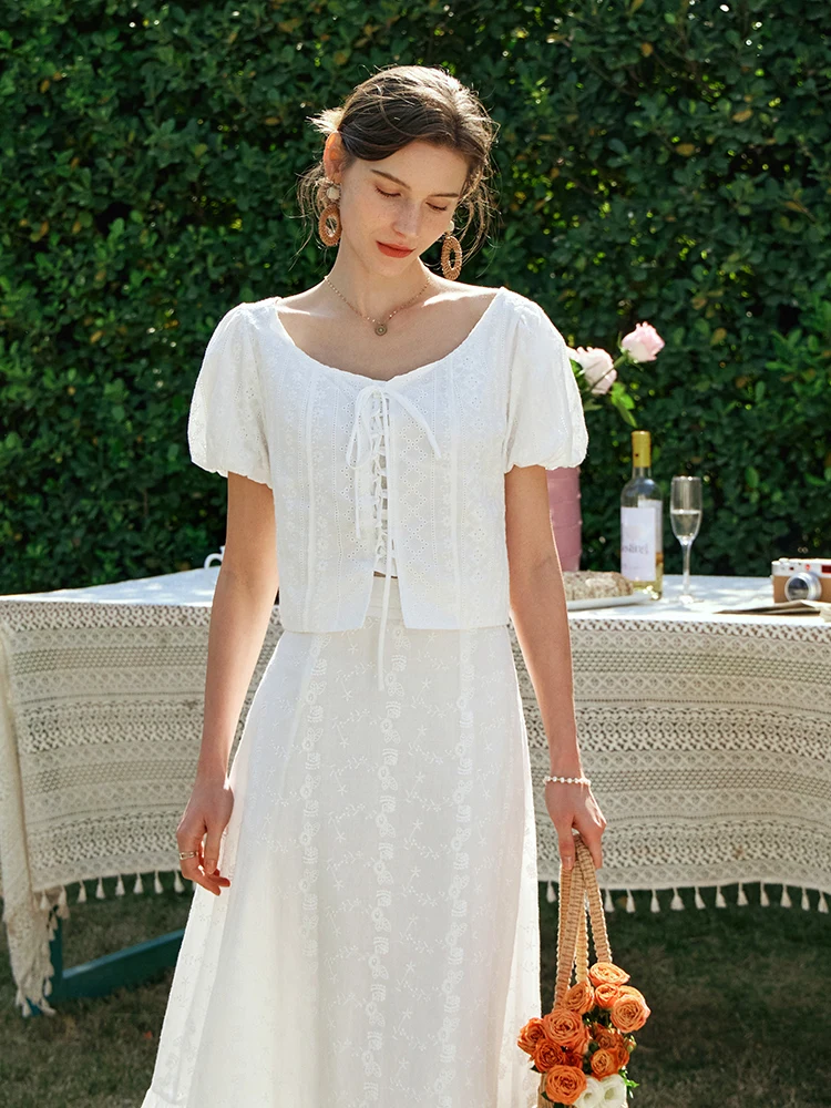 

OLrain Women's Summer Cotton White Blouse 2025 V-neck Embroidered Short Puff Sleeve Elegant Blouses Ladies Clothes O24XX85308