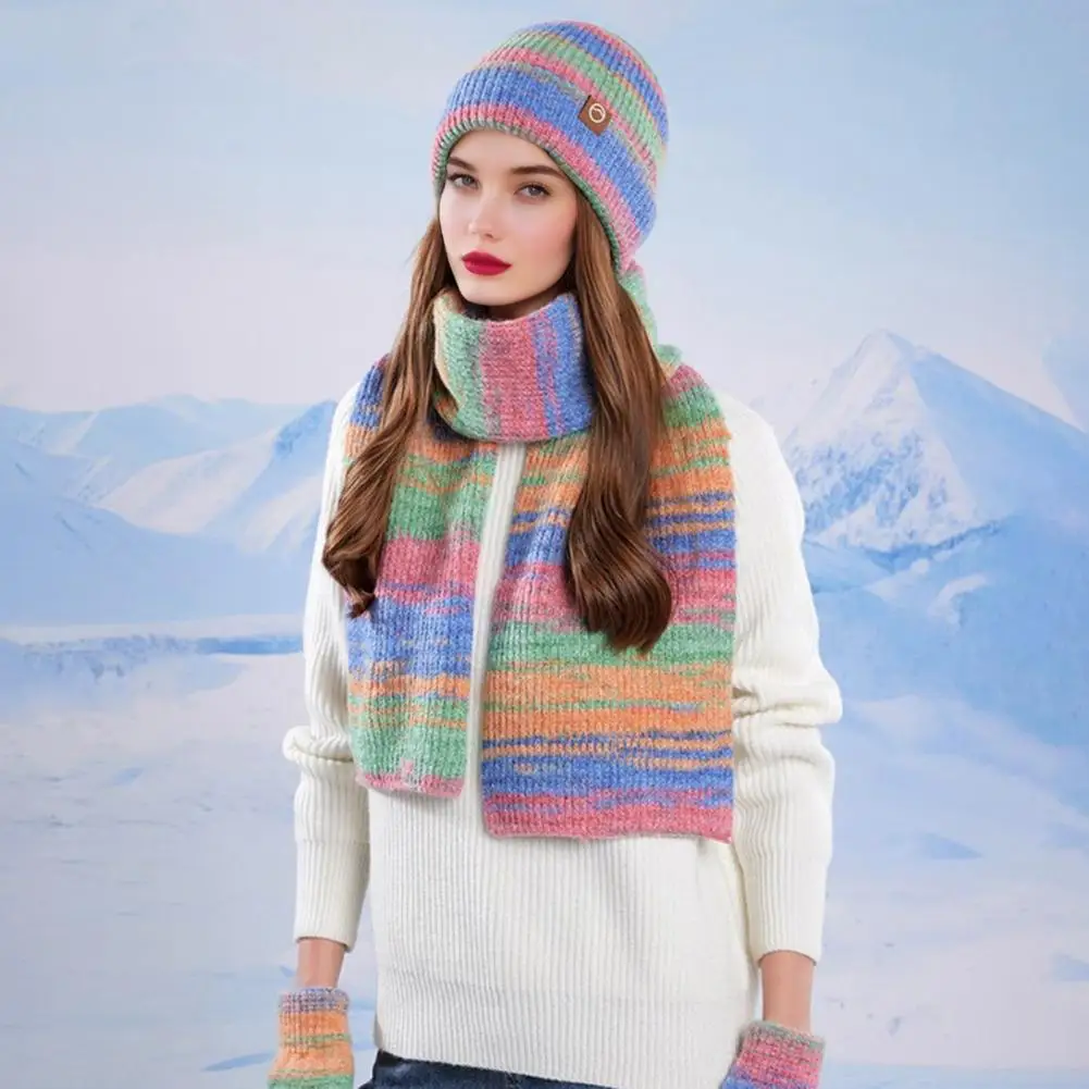 Elastic Hat Scarf Gloves Set 3pcs Women Winter Hat Scarf Gloves Set Thickened Velvet Lined Knitting Hat Long Warm Scarf