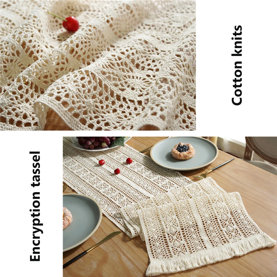 Beige Crochet Tassel Table Runner,Cotton Blende Fabric for Kitchen Dining Coffee Table Wedding Birthday Holiday Decor