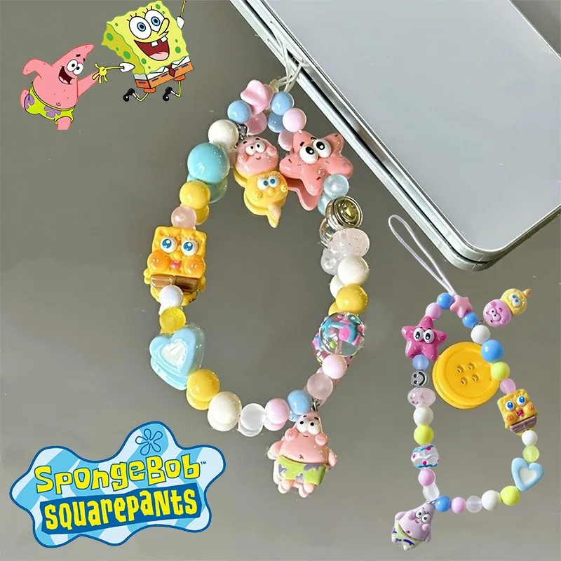 SpongeBob Cell Phone Chain Bag Charm Patrick Cartoon Telephone Hanging Cord Anti-Drop Anime Hanging Rope Beads Pendant Jewelry