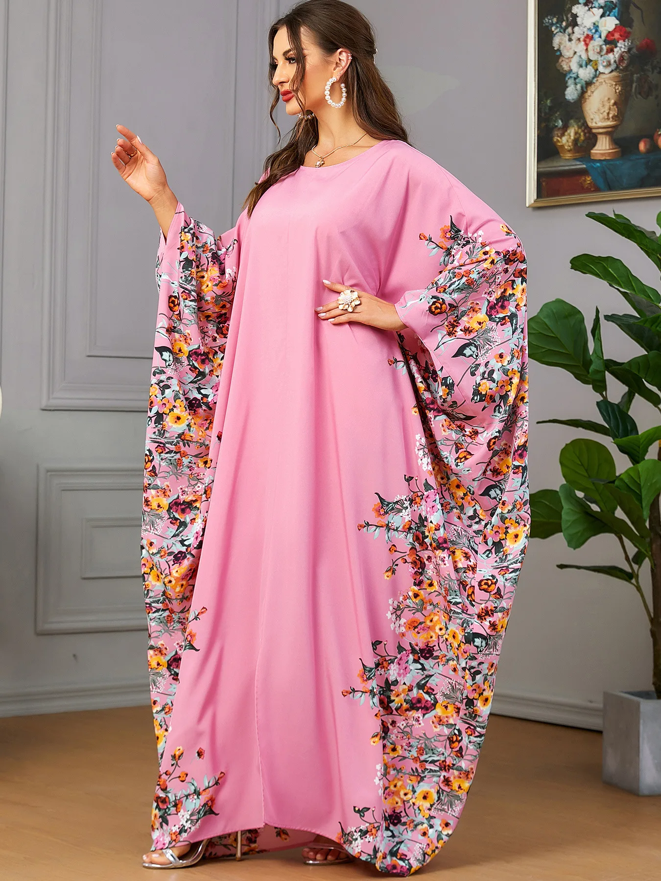 Eid Muslim Party Dress for Women Ramadan Abaya Bat Sleeve Print Long Robe Morocco Kaftan Vestidos Largos Dubai Jalabiya 2024