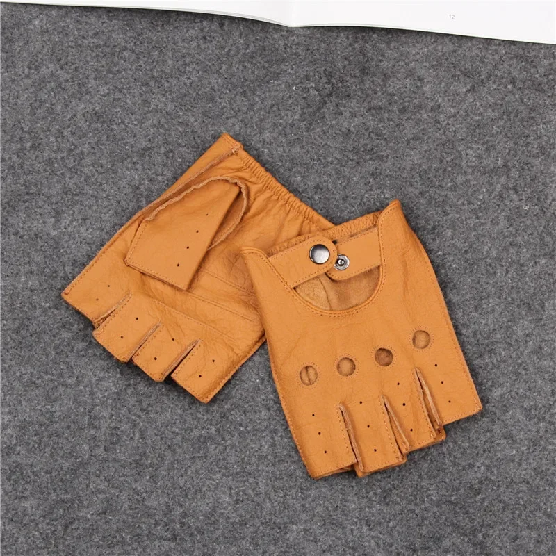 Fitness men\'s sheepskin Half Finger Gloves Black Yellow coffee riding motorcycle Fingerless comfortable non slip deerskin gloves