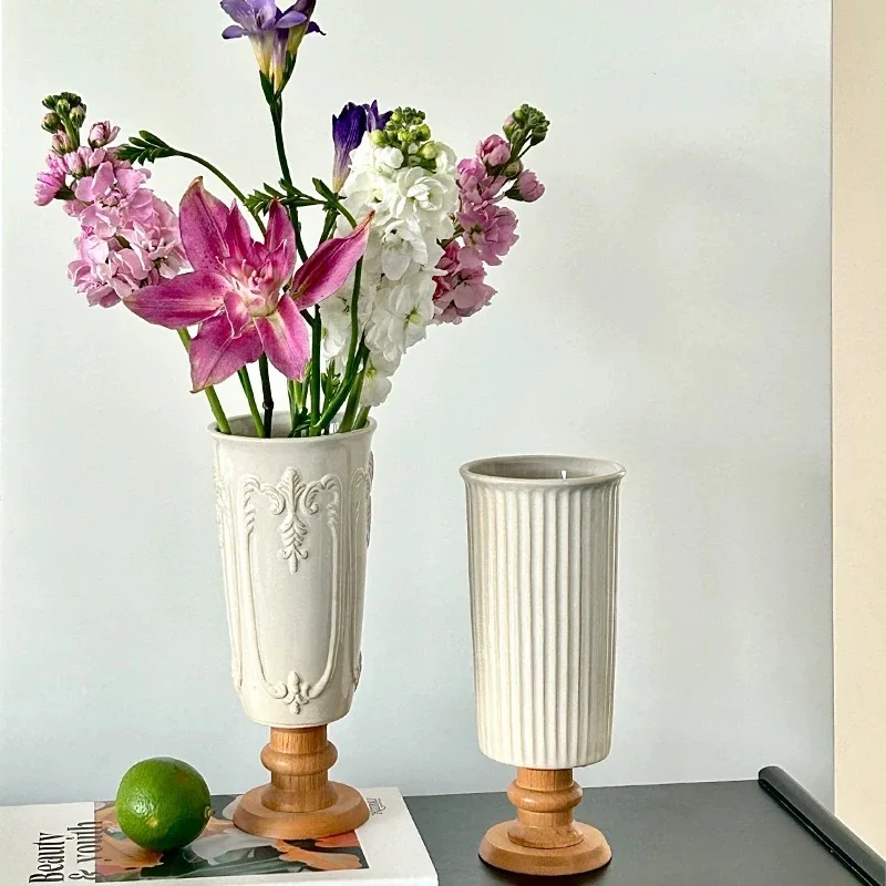 

HYS relief creative ceramic wood bottom vase living room porch home hotel decoration light luxury bedroom