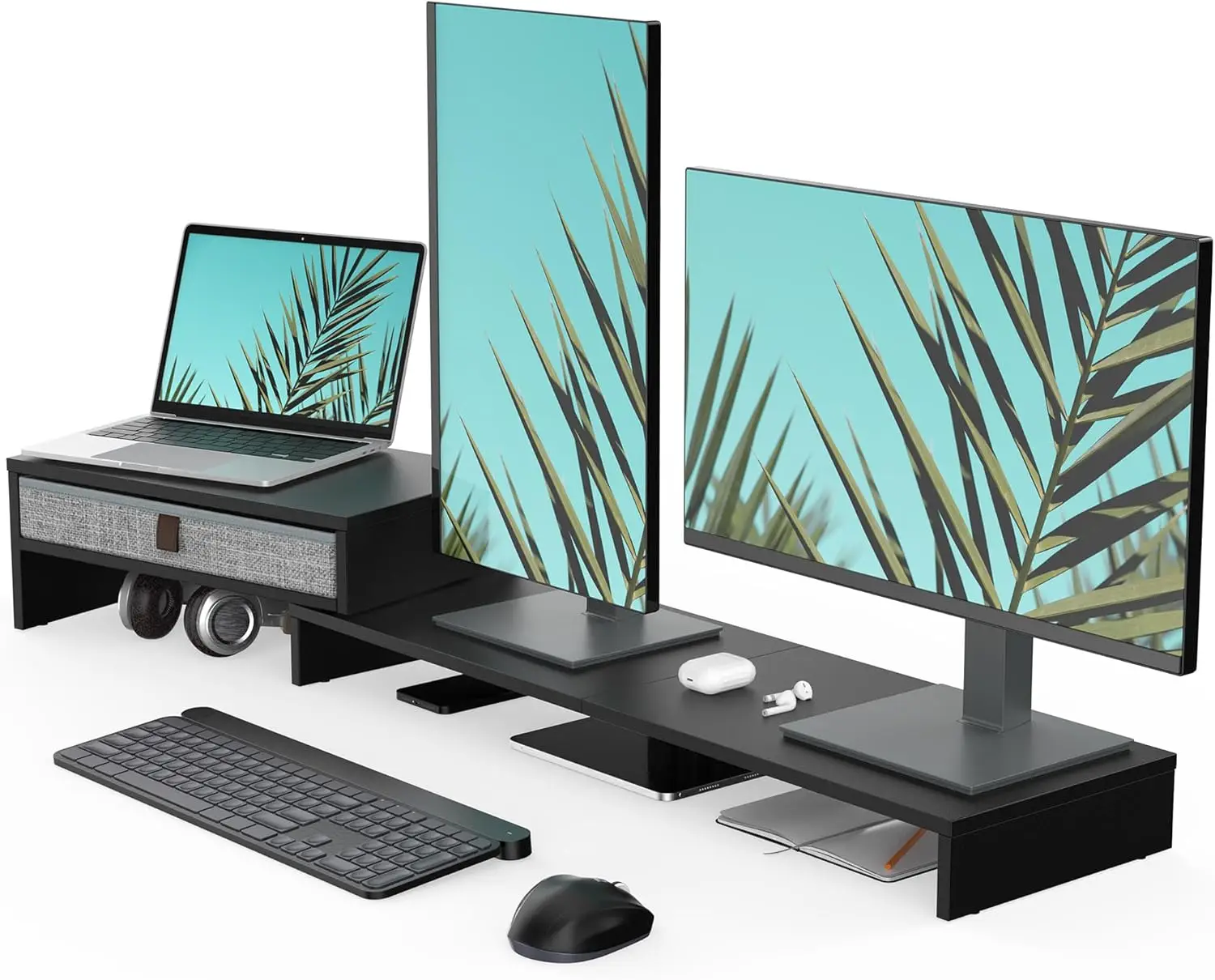 

Adjustable Monitor Riser Stand with Drawer for 2-3 Screens, Ergonomic Desktop Organizer in Black