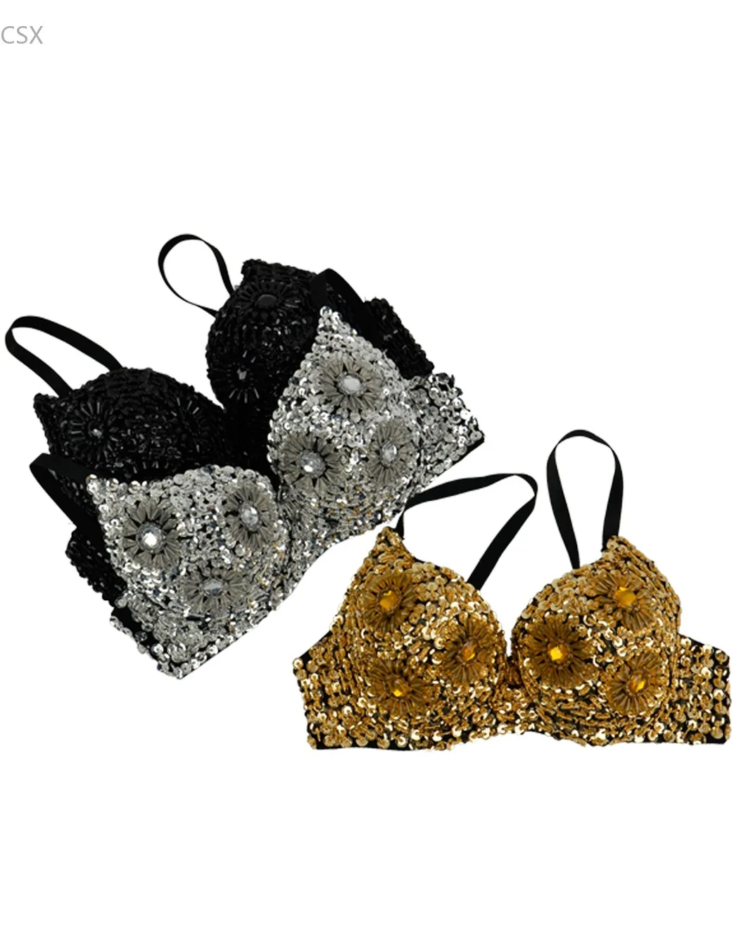 

MwOiiOwM Sexy Women's Beaded Sequins Embellished Chrysanthemum Bra B/ C Cup Belly Dance Underwear Push Up 63