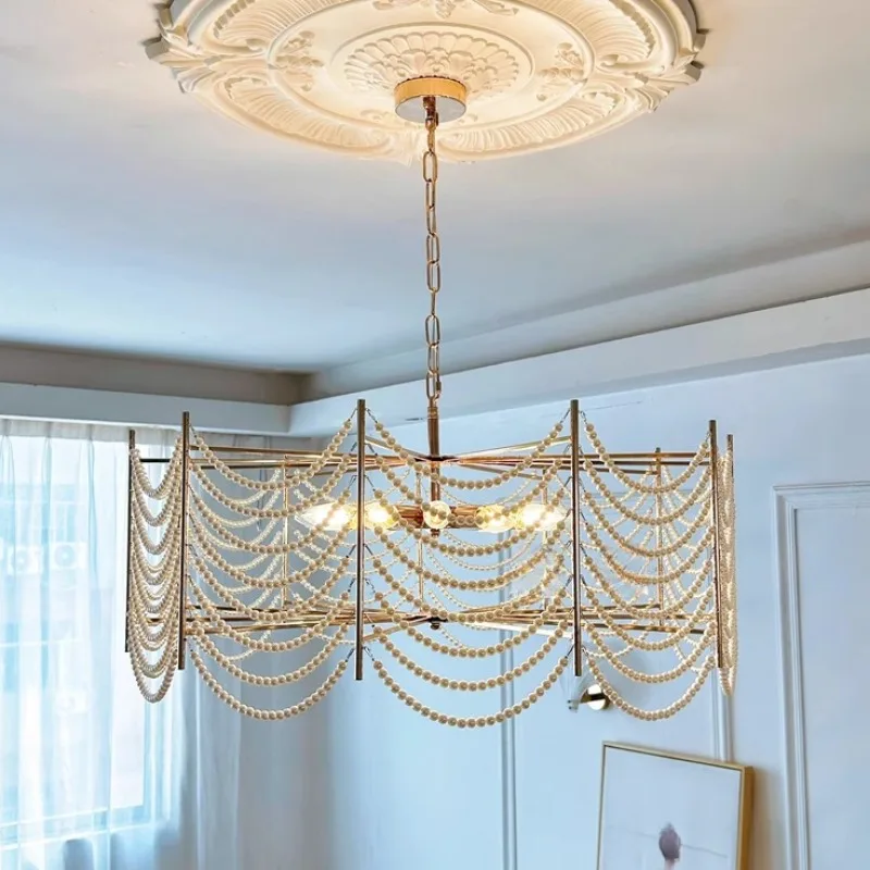 Light luxury French cream style romantic pearl chandelier American modern bedroom study living room lighting fixtures