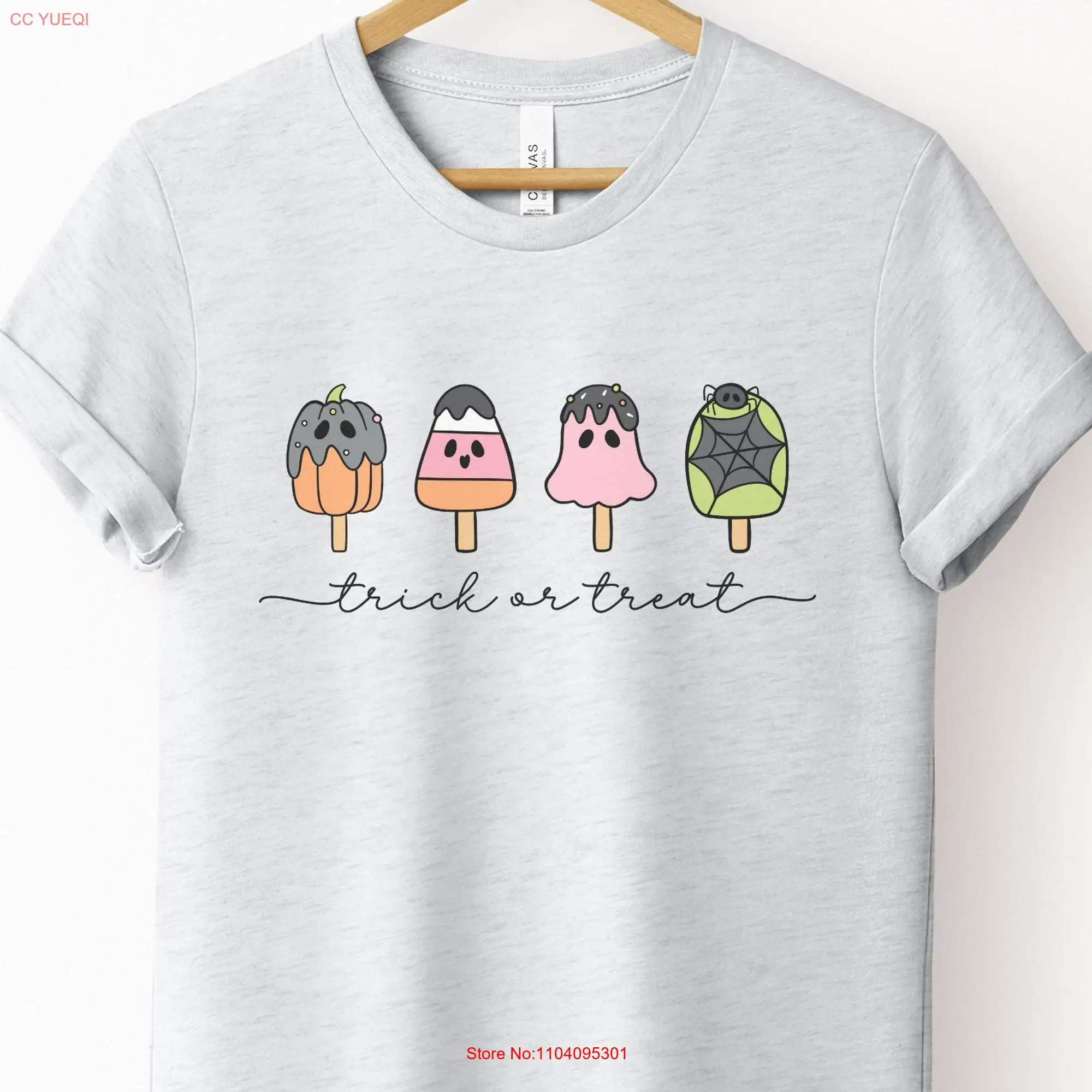 Cute Halloween T Shirt Trick or Treat Ice Cream Treats Pumpkin Womens Trendy Fall Spooky Season long or short sleeves