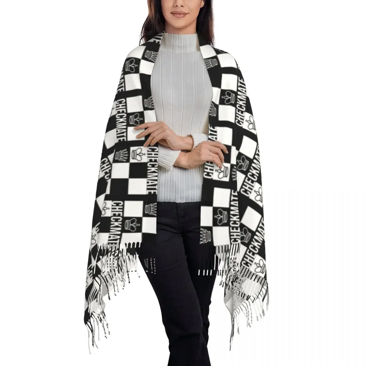 Female Long Checkmate Chess Board Scarves Women Winter Thick Warm Tassel Shawl Wraps Game Chessboard Scarf