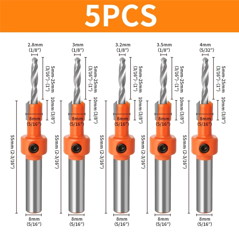 ABBP-Adjustable 8Mm Countersink Drill Bit Set(5PCS), Drill Bits Counter Sinker For Woodworking Projects