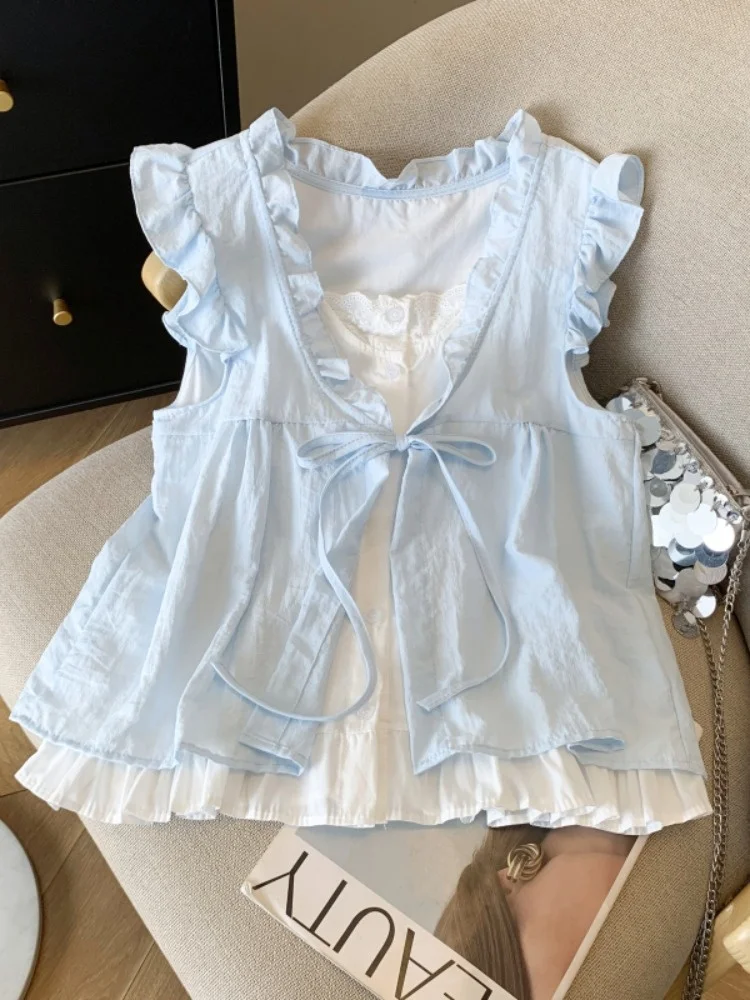 Damska letnia luźna bluzka typu doll irt z drewnianymi szelkami, imitacja dwuczęściowej, oddychająca, cienka, koreańska, prosty krój, casualowa bluzka.