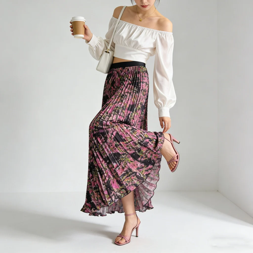 Elegant Pleated Long Skirt Summer Women Flower Skirt Fashion Work Party Beach Skirt Maxi Black Red