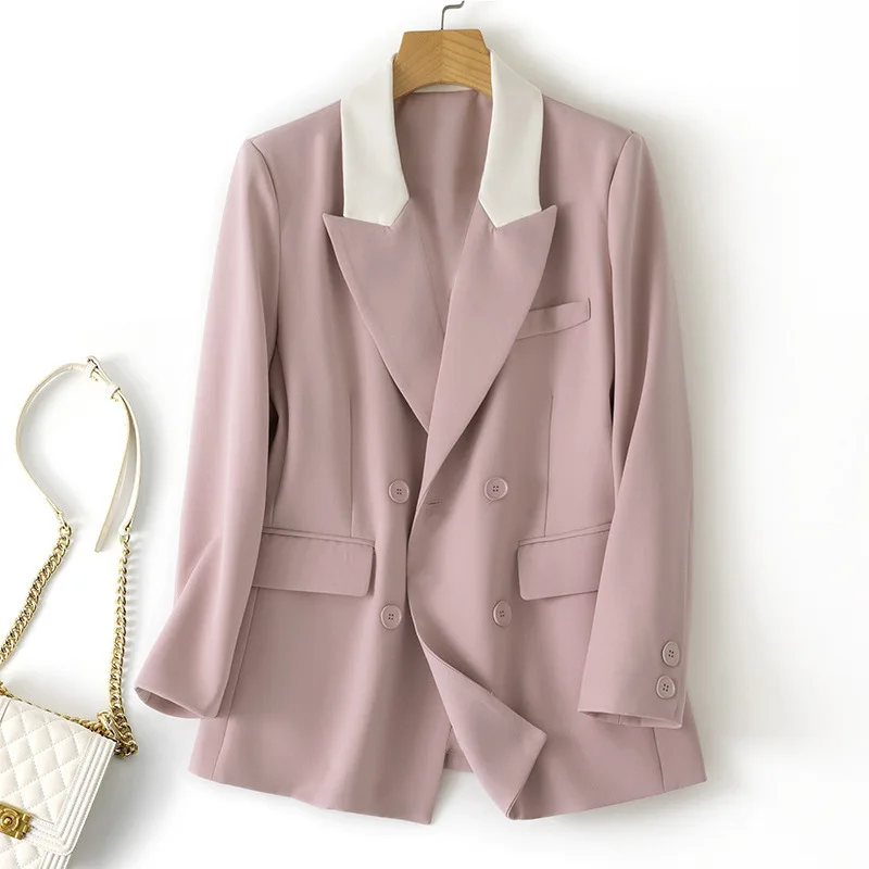 Pink Spliced Women's Suit Jacket Fashionable Color Block Korean Style Spring Autumn New Arrival Long Sleeve Polyester Outerwear