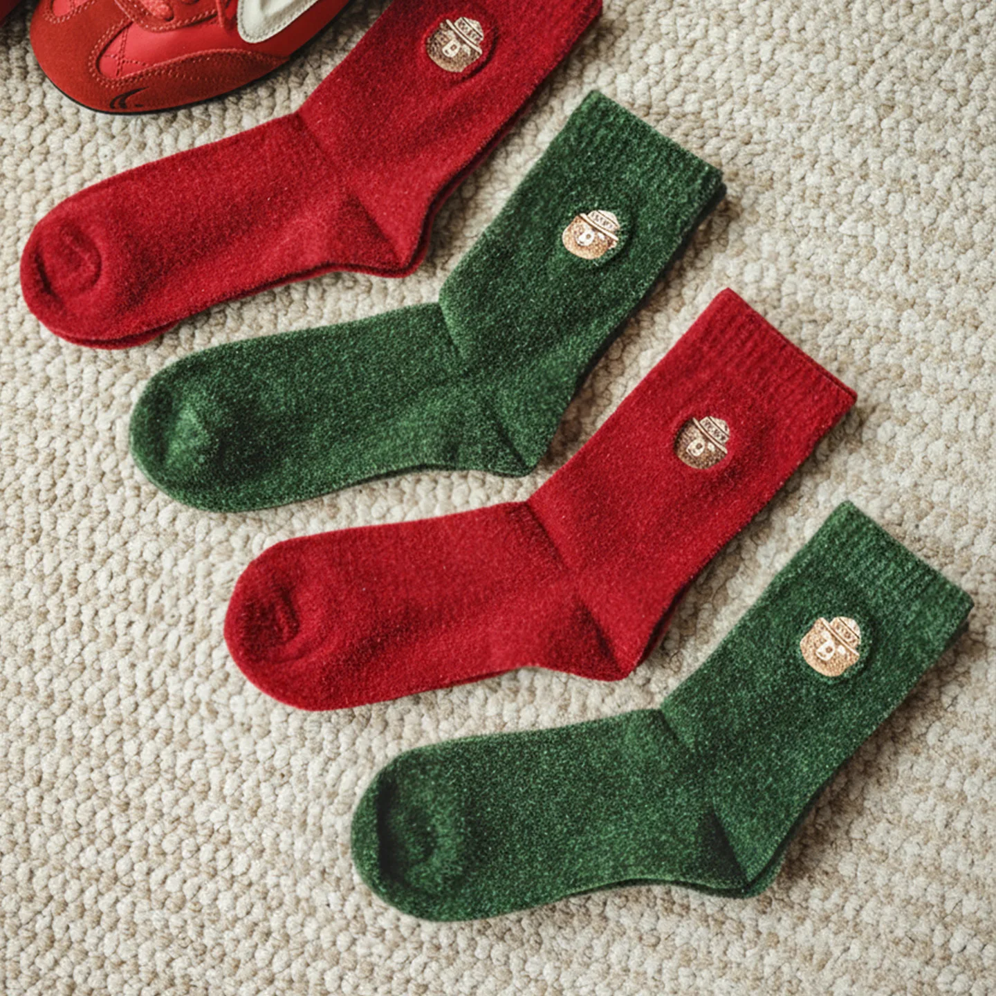 Maden Women’s 4 Pairs Plush Mid Calf Socks Fall Winter Thick Warm Cozy Knit Socks with Embroidered Bear Pattern New Year Gift