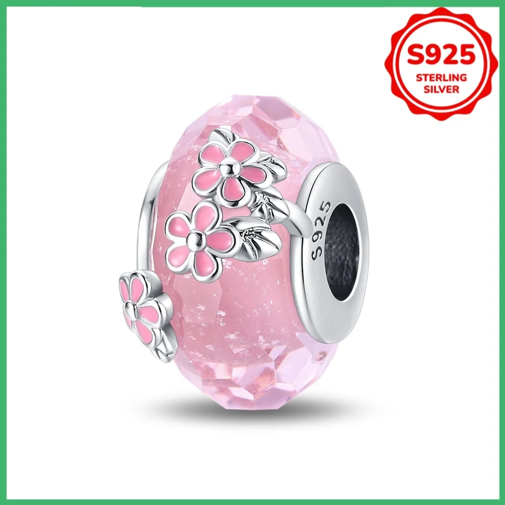 Original 925 Sterling Silver Flower Glass Beads Pink Charm Beads Suitable for DIY Bracelets, Necklaces, Birthday Jewelry Gifts