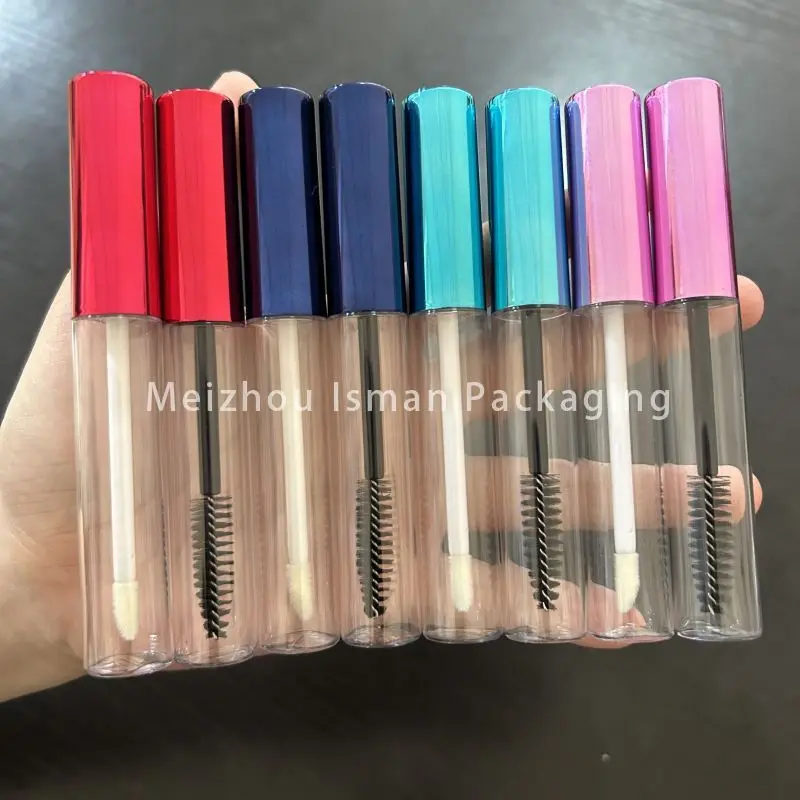 

50Pcs round 10ml shiny metallic red blue purple clear empty mascara container lip gloss packaging tubes with wands brush