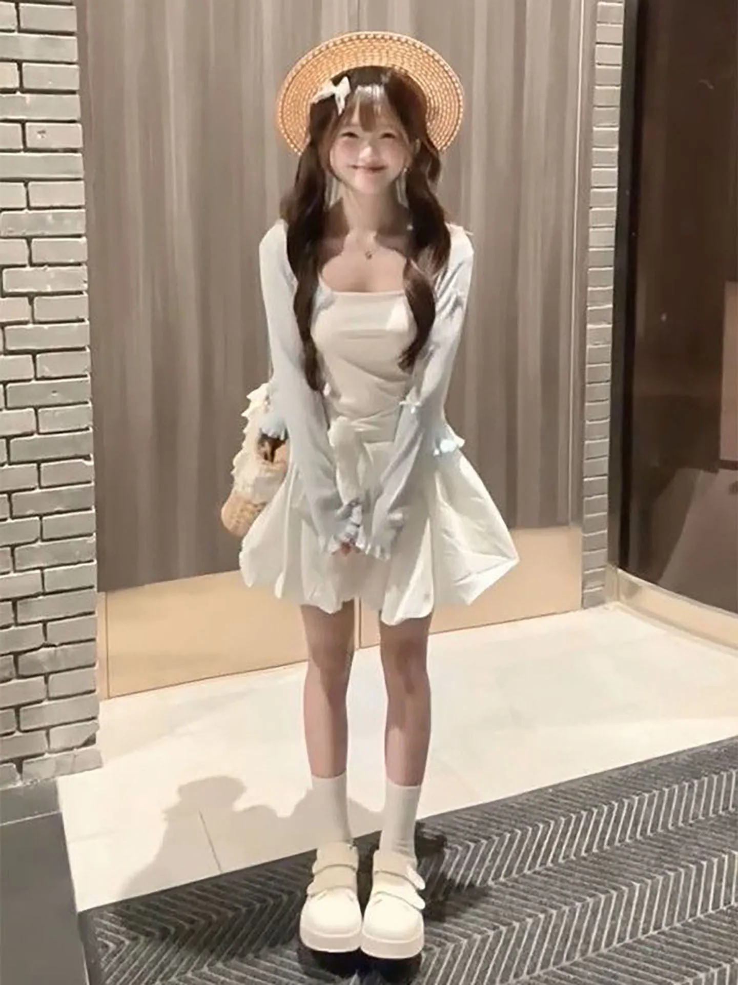 

Summer Elegant White Flower Bud Strap Dress Blue Short Length Sun Protection Two Piece Set Casual Fashion Women's Clothing