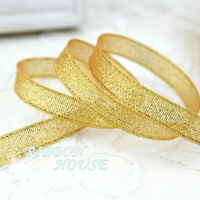 (25 Yards/Rolle) 3/8'' (10mm) Goldenes Metallisches Glitzerband Buntes Geschenkverpackungsband Großhandel – Detail 3