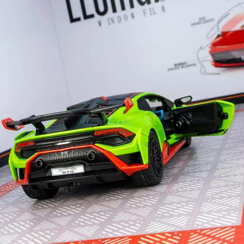 CCA 1: 32 simulation Lamborghini STO alloy car model, doors can be opened with sound and light rally car ornaments