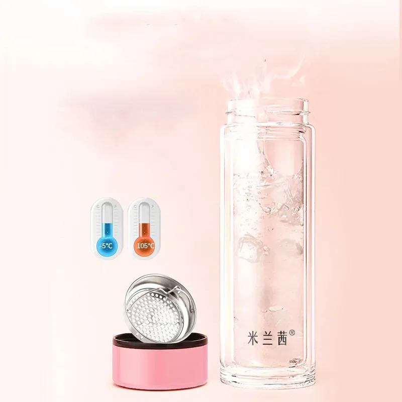 Glass Cup Double Layer Men and Women Portable Thermal Insulation Thickening Anti-fall Household Water Cup Filter Car Tea Cup