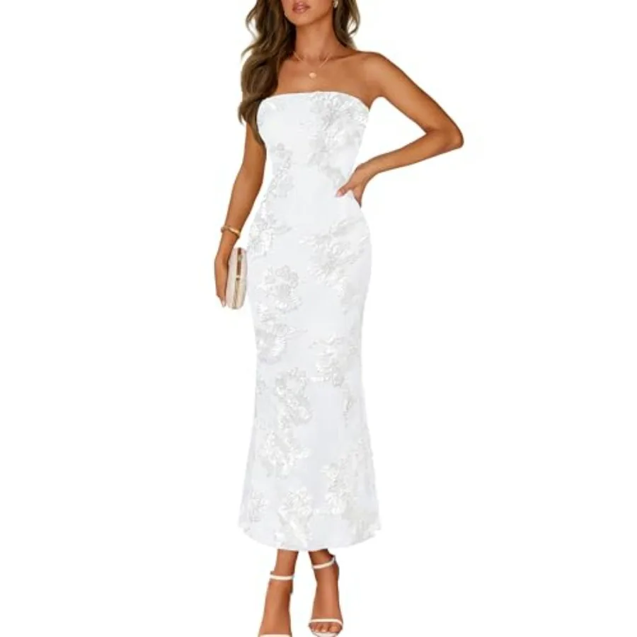 

MEROKEETY Women's Floral Strapless Maxi Dress 2026 Summer Mesh Tube Bodycon Formal Wedding Guest Cocktail Party Long Dresses
