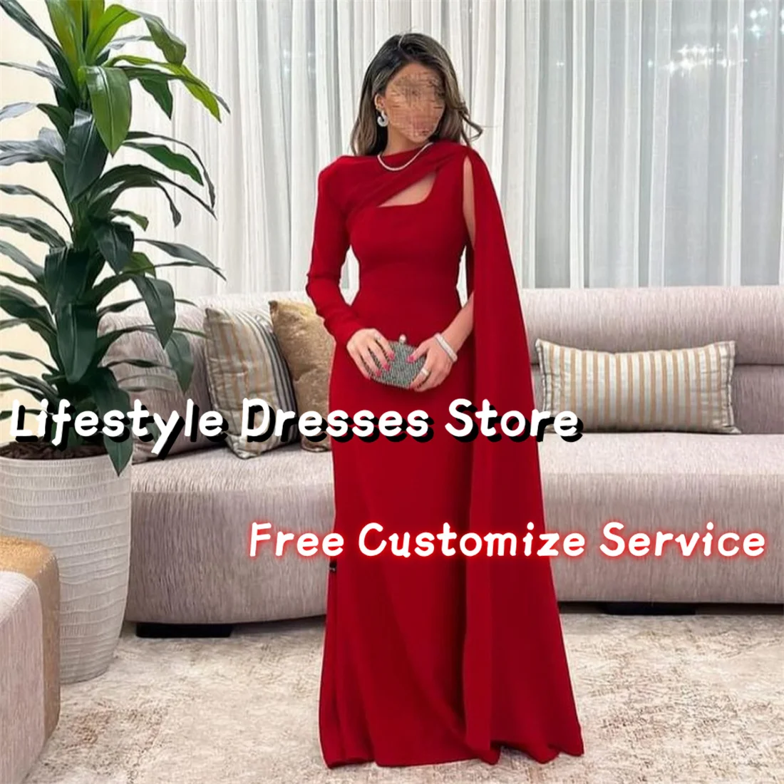 Customized Dark Red Cape Sleeves Arabia Prom Dress Wedding Party Gown Elegant Mermaid Long Evening Dress Formal Dress