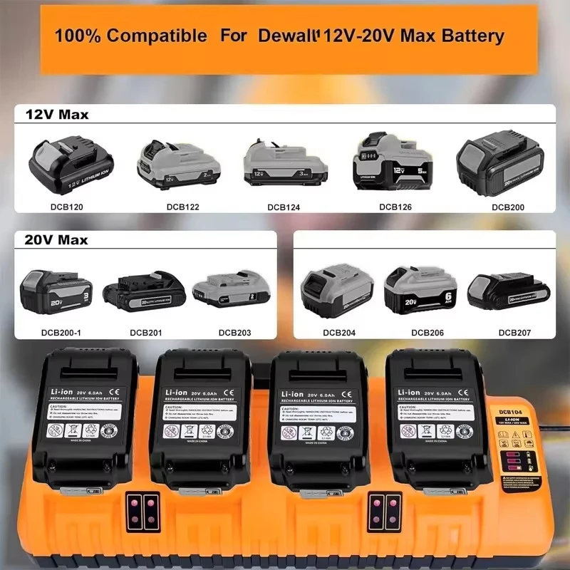 DCB104 Li-ion Battery Charger 4-Port 2A Current For Dewaltt 10.8V 12V 14.4V 18V 20V 60V DCB127 DCB105 DCB118 DCB112 DCB119 DCB10