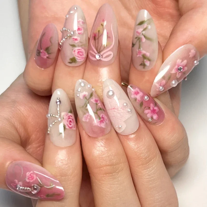 Pink Flowers Decorations Butterfly Heart Pearl Valentine Bowknot Almond False Nails Art Round Fake Nails Press on Nails Manicure