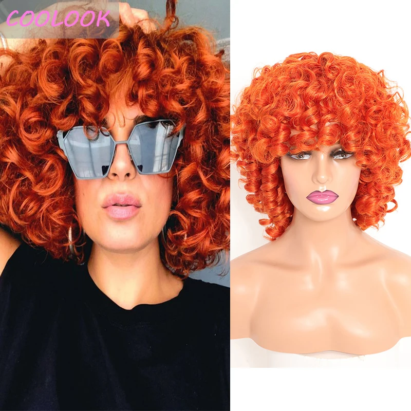 Short Kinky Curly Orange Wigs for Black Women 12'' Afro Curly Ginger Wigs with Bangs Natural Synthetic Brown Shoulder Length Wig