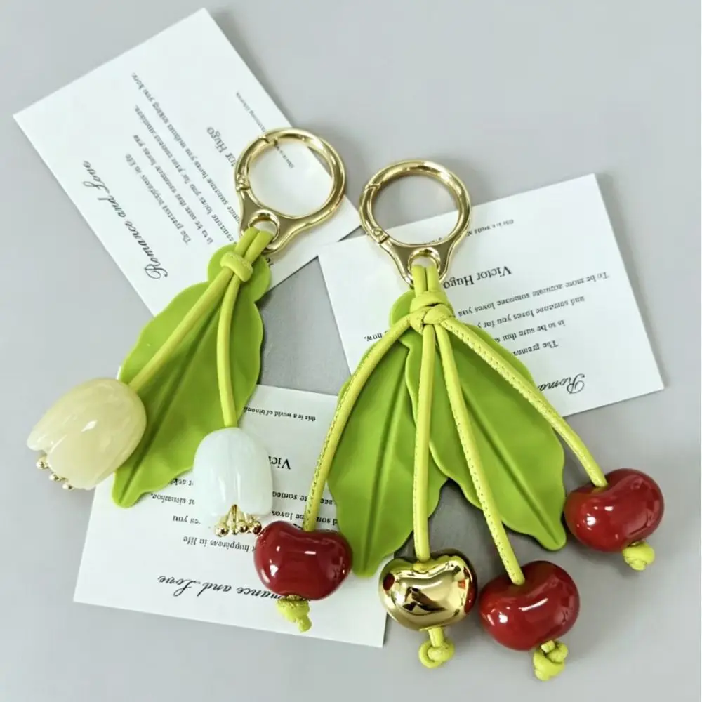 Bag Accessories Elegant Cherry Keychain Pu Leather Alloy Fruit Bag Charm Handmade Metal Bag Pendant Car Key