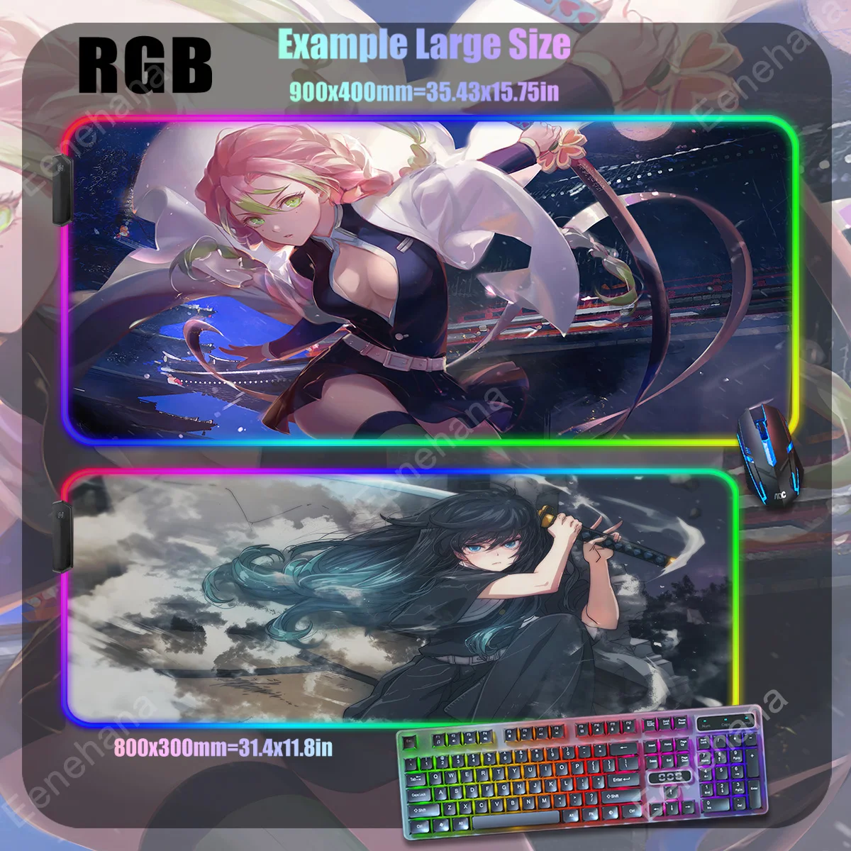 Large RGB Mouse Mat Big Luminous Desk Pad Demon Slayer Desk Mat LED Gaming non-slip Mousepad Gamer Backlit Keyboard Mousepads