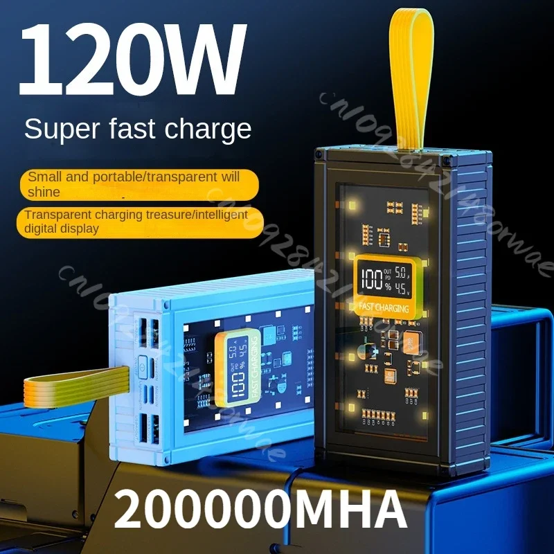 2025 Brand 120W Fast Charging Transparent Power Bank 200000mAh Large-capacity Mobile Power Supply For iPhone 16 15 14 Xiaomi