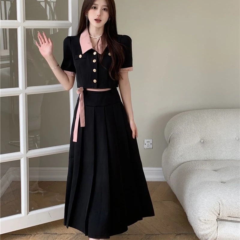 Conjuntos de manga corta para mujer, Tops cortos holgados con una hilera de botones, cintura alta, plisado, moda informal de estilo coreano, verano