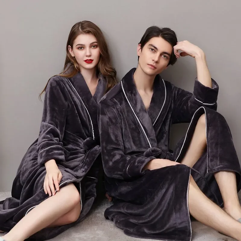 Men Flannel Kimono Bath Gown Ultra Long Robe Coral Fleece Nightgown Lovers Couple Thick Warm Sleepwear Dressing Gown 2023