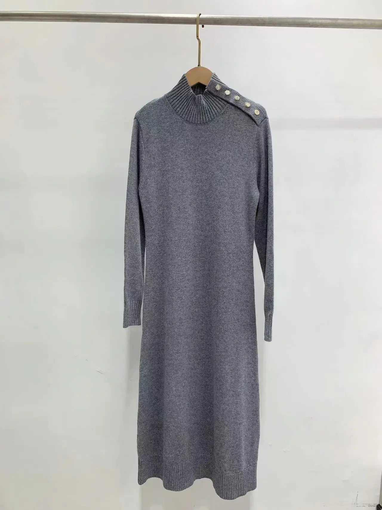 

Women's New High Neck Long Sleeve Knit Dress Comfortable Metal Button Casual Dress Women