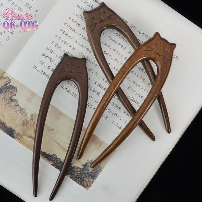 Palillos para el pelo de gato de estilo chino, tenedores para el pelo de madera en forma de U para mujeres y niñas, tocado con horquillas Hanfu, accesorios simples para el cabello, regalos