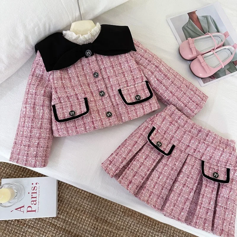 Winter Girls Tweed Lothes Sets Autumn Thick Kids Coats+Plush Pleated Skirt Fashion Warm Princess Suits Plush Kids T-Shirt 2-8Yrs