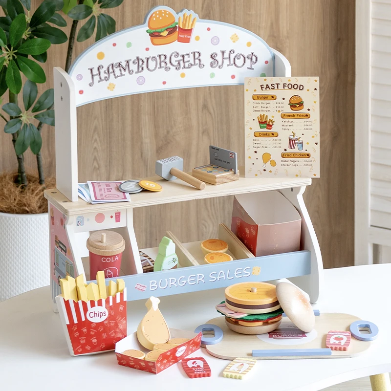 Wooden Children Kitchen Toys Puzzle Simulation Burger Restaurant Food Doll House Accessories Girl Toys